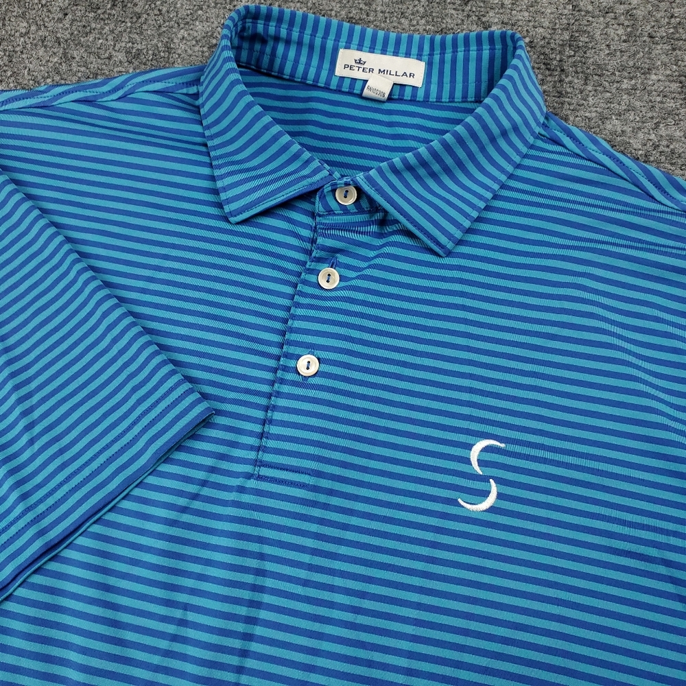 Peter Millar Polo Shirt Mens Large Golf Performance Spandex Stretch Striped Blue
